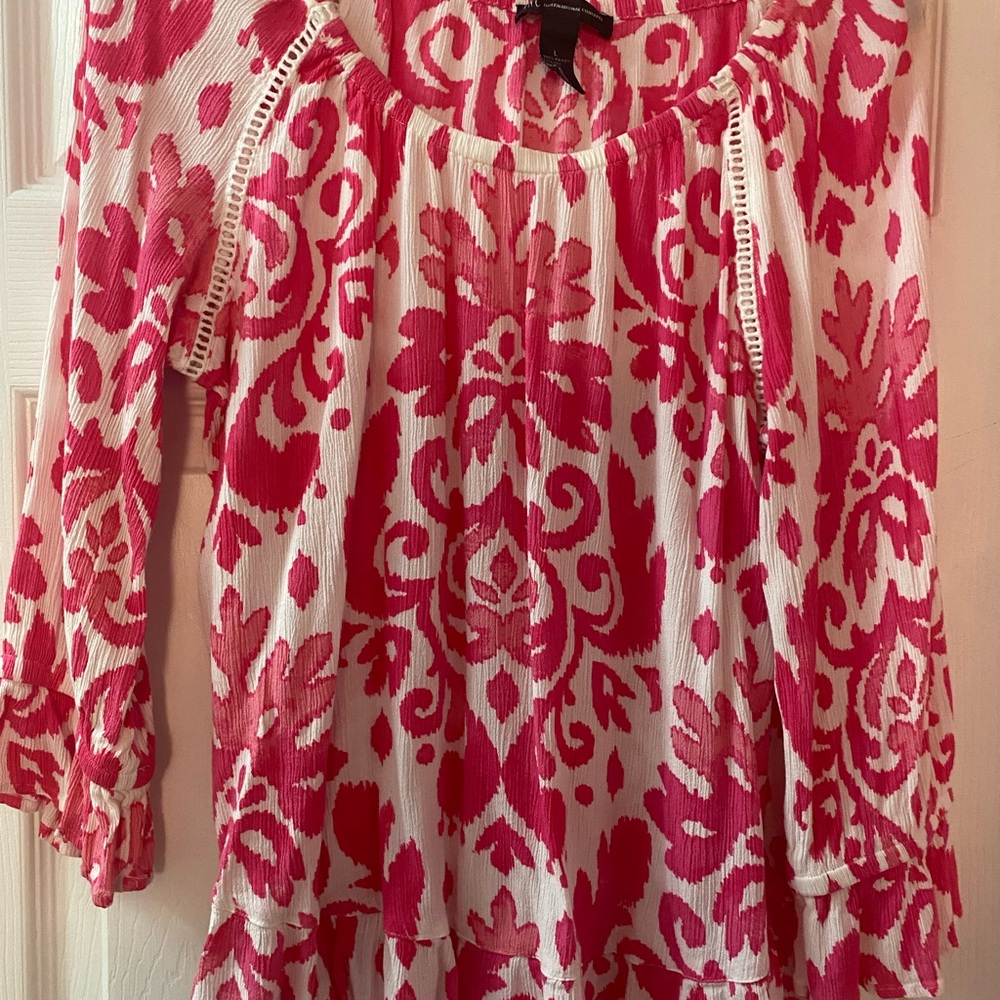 INC International Concepts Red and White Ruffled Blouse